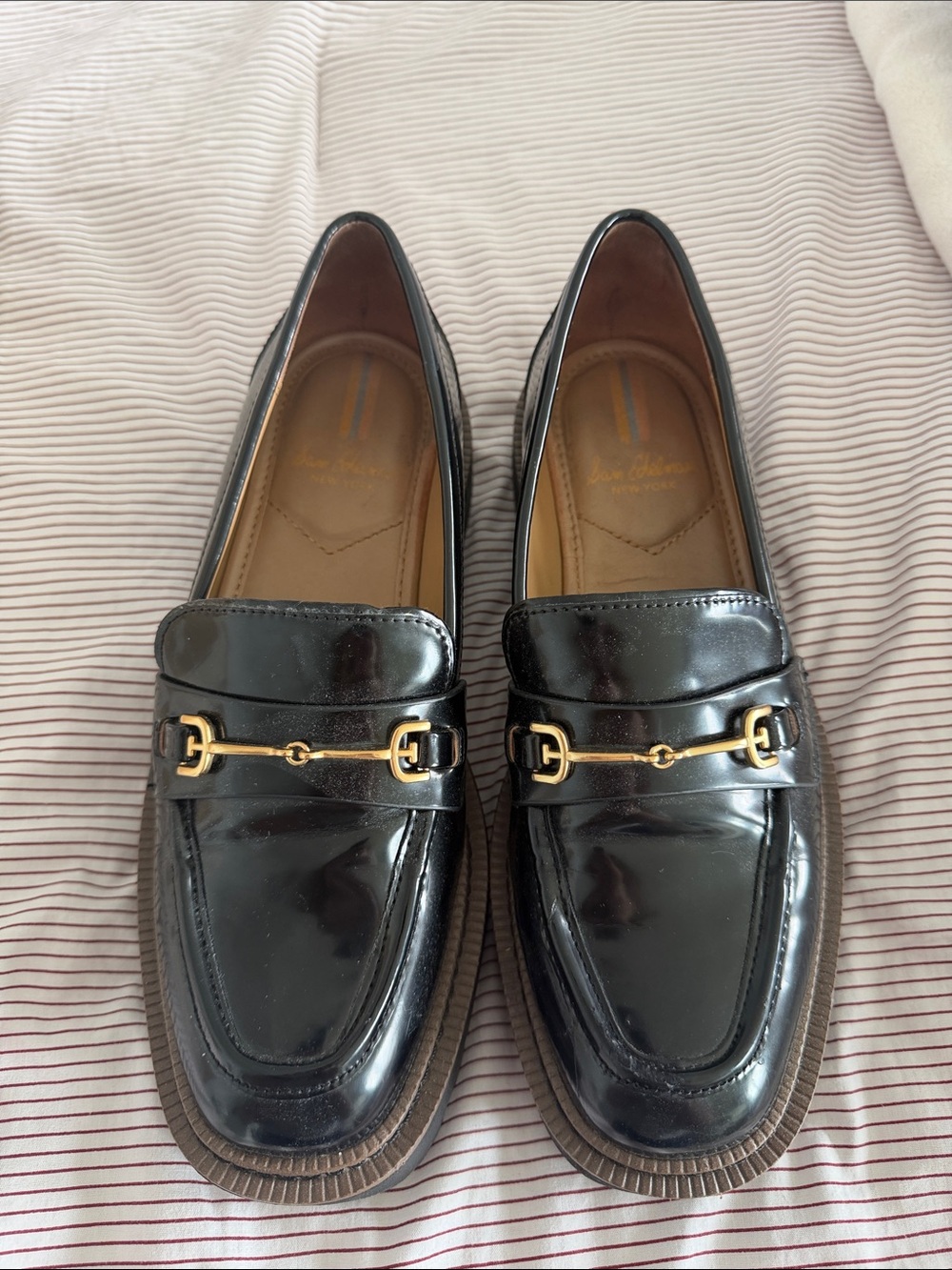 Black Patent Leather Horsebit Loafers with Gold Hardware